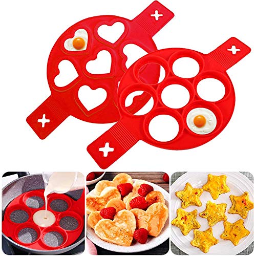 Molde de silicona antiadherente para tortitas, con 7 agujeros, para huevos redondos, magdalenas, tortitas, color rojo, 2 unidades Molde de silicona antiadherente para tortitas, con 7 agujeros, para huevos redondos, magdalenas, tortitas, color rojo, 2 unidades