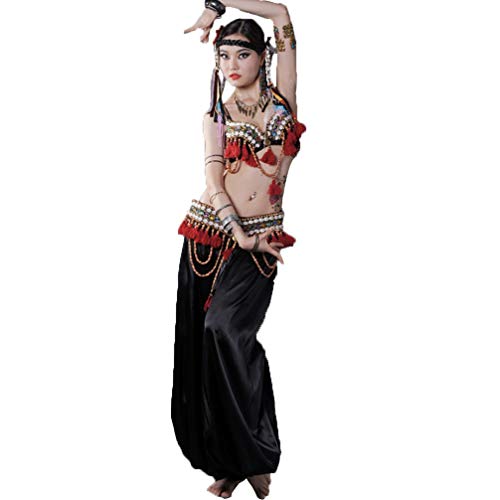 MoLiYanZi Conjunto de Trajes Tribales de Danza del Vientre para Mujer Sujetador y Cinturón con Flecos Pantalones 3 Piezas, L