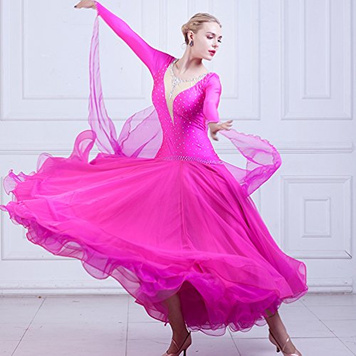 MoLiYanZi Vestuario de Baile Waltz Modern Performance para Mujeres con Vestidos de Competencia Disfraces de Baile de Salón, Rose Red, XXXL