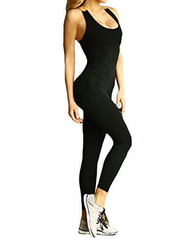 Mono Deportivo Mujer Largos Leggins Yoga Push Up Gimnasio Entrenamiento Backless Jumpsuit Slim Fit Sin Mangas Primavera Verano Elásticos Negro