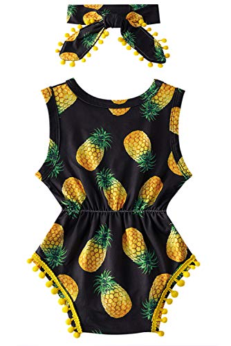 Mono para bebé con Mameluco con Cuello Redondo y borlas Body para niñas pequeñas Mono Corto con Estampado de piña Amarilla para Park Street Outfit Set con Diadema 6-12 Meses