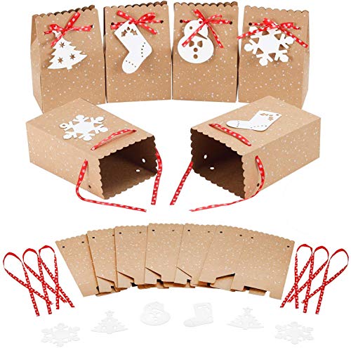MonQi 30 Pieces Gran Capacidad Bolsas de Papel Navideñas con 30 Etiquetas Navideñas y Cinta Navideña, Caja de Papel de Navidad Fácil de Plegar para Decoraciones Navideñas (4.5 "x 3" x 7 ")