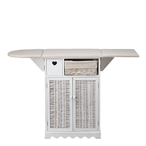 MONTEMAGGI Mueble de planchar Shabby Chic blanco con tabla y 1 cesta de mimbre y 2 puertas 66 x 37 x 87 cm (2 puertas + 1 cesta mimbres)