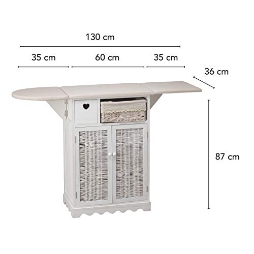 MONTEMAGGI Mueble de planchar Shabby Chic blanco con tabla y 1 cesta de mimbre y 2 puertas 66 x 37 x 87 cm (2 puertas + 1 cesta mimbres)