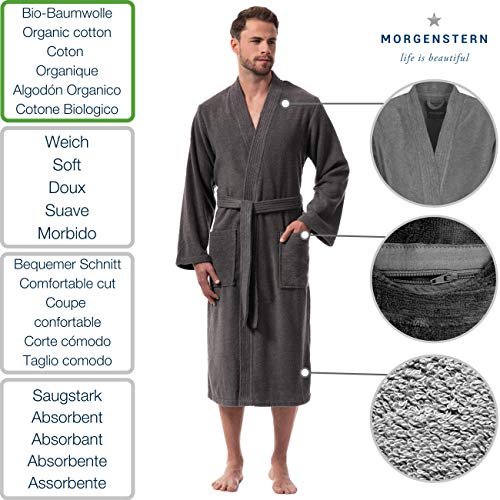 Morgenstern Albornoz para hombre con cuello tipo kimono, algodón orgánico gris L Morgenstern Albornoz para hombre con cuello tipo kimono, algodón orgánico gris L