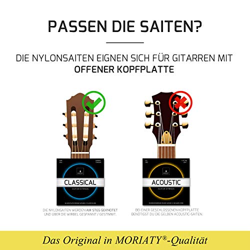 MORIATY® Cuerdas de guitarra para guitarra clásica: cuerdas de nylon prémium para guitarra clásica y acústica (juego de 6 cuerdas) | INCLUYE: 4 púas + cuerda E extra alta