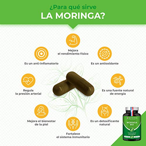 Moringa Oleifera Bio 120 Cápsulas | Superfood Antioxidante Natural Sistema Inmunológico Energía Proteina Vegetal | 330 mg Polvo Moringa con 66 mg de Proteina Apto para Veganos | Fabricado en Francia