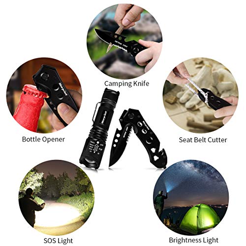 morpilot Navaja y Linterna Tática Set, Cuchillo Supervivencia, Navaja Caza Pesca 85mm, Acero Inoxidble, Linterna Militar de 5 Modos, 500LM, Impermeable IPX4, Portátil morpilot Navaja y Linterna Tática Set, Cuchillo Supervivencia, Navaja Caza Pesca 85mm, Acero Inoxidble, Linterna Militar de 5 Modos, 500LM, Impermeable IPX4, Portátil