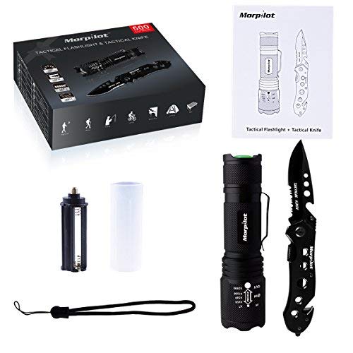morpilot Navaja y Linterna Tática Set, Cuchillo Supervivencia, Navaja Caza Pesca 85mm, Acero Inoxidble, Linterna Militar de 5 Modos, 500LM, Impermeable IPX4, Portátil morpilot Navaja y Linterna Tática Set, Cuchillo Supervivencia, Navaja Caza Pesca 85mm, Acero Inoxidble, Linterna Militar de 5 Modos, 500LM, Impermeable IPX4, Portátil