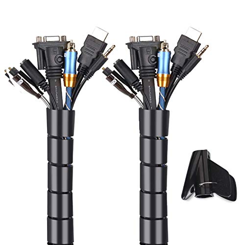 MOSOTECH Organizador Cables, Cubre Cables de 2 x 1,5m, Flexible Funda Organizador Cables, Organizador de Cables Mesa, Recoge Cables para Office y PC Escritorio-Negro (Ø2.6cm y Ø2.2cm)