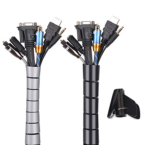 MOSOTECH Organizador Cables, Cubre Cables de 2 x 1.5m, Flexible Funda Organizador Cables, Organizador de Cables Mesa, Recoge Cables para Office y PC Escritorio-Negro y Gris (Ø2.6cm y Ø2.2cm)