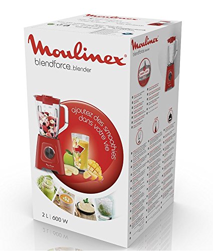 Moulinex Blendforce LM420510 - Batidora Vaso de Plástico, 600 W, 4 Cuchillas de Acero Inoxidable, 2 Velocidades, Limpieza Fácil y Jarra de Plástico de 1.25 L, Apta para Hielo, Rojo