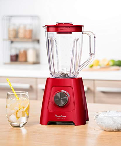 Moulinex Blendforce LM420510 - Batidora Vaso de Plástico, 600 W, 4 Cuchillas de Acero Inoxidable, 2 Velocidades, Limpieza Fácil y Jarra de Plástico de 1.25 L, Apta para Hielo, Rojo