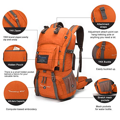 MOUNTAINTOP Mochila de Senderismo 40 litros Impermeable Mochila Trekking Mochila al Aire Libre Escalada Deporte Viajes Acampadas con Cubierta de Lluvia 35 x 16 x 51cm Naranja