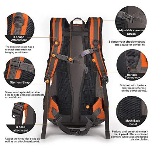 MOUNTAINTOP Mochila de Senderismo 40 litros Impermeable Mochila Trekking Mochila al Aire Libre Escalada Deporte Viajes Acampadas con Cubierta de Lluvia 35 x 16 x 51cm Naranja