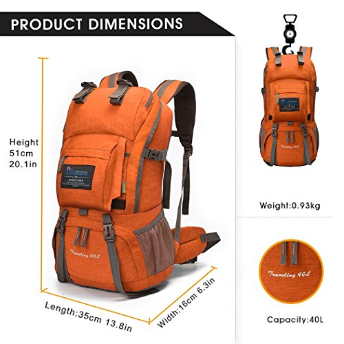 MOUNTAINTOP Mochila de Senderismo 40 litros Impermeable Mochila Trekking Mochila al Aire Libre Escalada Deporte Viajes Acampadas con Cubierta de Lluvia 35 x 16 x 51cm Naranja