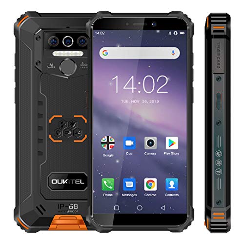 Móvil Resistente, OUKITEL WP5 Telefono Movil Antigolpes, Batería Grande de 8000 mAh, 4GB RAM + 32GB ROM,5.5 Pulgadas,Cámara Triple, Android 10.0 Smartphone con 4 Linternas LED Súper Brillantes-Naranja