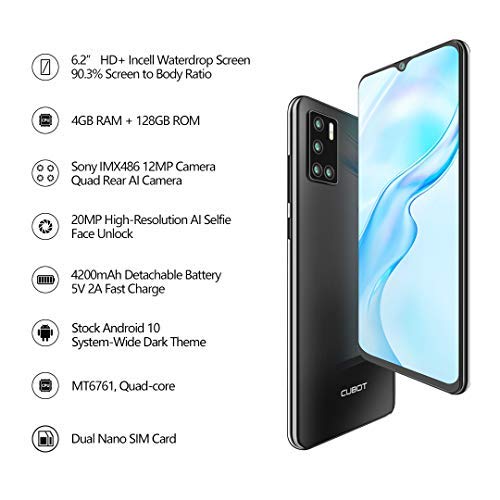 Moviles Libres CUBOT P40, 6.2" Pantalla Android 10, 4GB RAM 128GB ROM Smartphone, Cámara Frontal 20MP, Cámara Trasera 12MP+5MP, Batería 4200 mAh, Dual SIM 4G, NFC, Face ID, Tipo C (EU Versión)