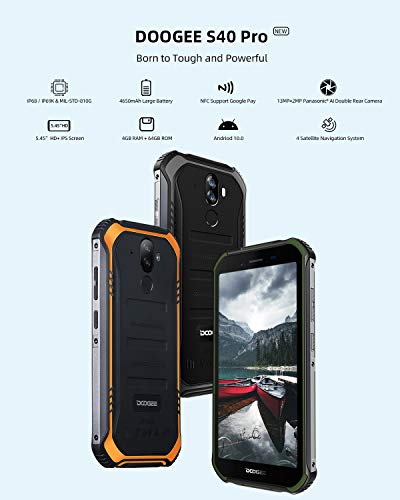 Móviles Libres, DOOGEE S40 Pro Móvil Resistente, 4GB + 64GB(SD 256GB), Cámara 13MP+2MP, Cámara Frontal 5MP, 4650mAh Movil Antigolpes, Android 10 Smartphone 4G de 5.45" HD+ Pantalla, NFC, Naranja