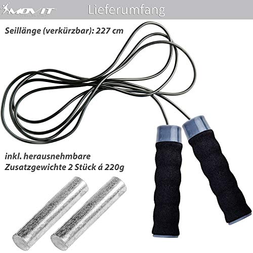 MOVIT® Jump Rope Fitness, cojinete de bolas, velocidad de la longitud de la cuerda ajustable, acero Cuerda de saltar en negro con pesas adicionales extraíbles Mangos de espuma antialergénicos máx. Cue