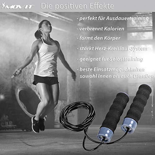 MOVIT® Jump Rope Fitness, cojinete de bolas, velocidad de la longitud de la cuerda ajustable, acero Cuerda de saltar en negro con pesas adicionales extraíbles Mangos de espuma antialergénicos máx. Cue