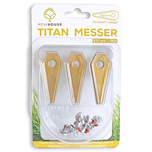MOWHOUSE Juego de Cuchillas de Repuesto Cortacésped - Recambio de Cuchillas de Titan Endurecido Compatible con Bosch Indego - 9 piezas, 9 tornillos MOWHOUSE Juego de Cuchillas de Repuesto Cortacésped - Recambio de Cuchillas de Titan Endurecido Compatible con Bosch Indego - 9 piezas, 9 tornillos