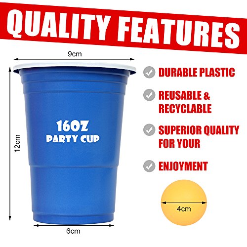 MOZOOSON 100 Reutilizable Vasos 16oz Beer Pong Copas– Vaso para Fiesta Celebración Ideal para Juego Americano de Beer Pong – Vaso para Bebidas con 10 Pelotas Ping-Pong