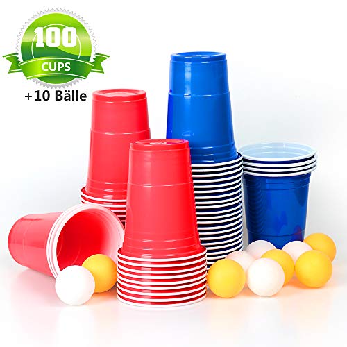MOZOOSON 100 Reutilizable Vasos 16oz Beer Pong Copas– Vaso para Fiesta Celebración Ideal para Juego Americano de Beer Pong – Vaso para Bebidas con 10 Pelotas Ping-Pong