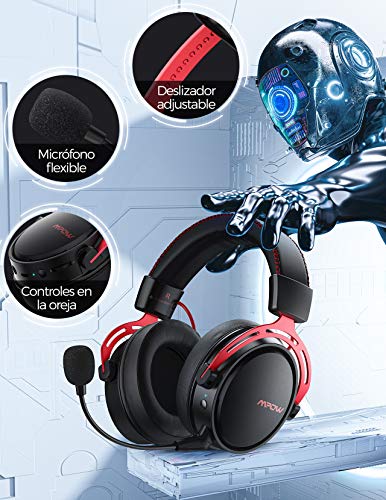 Mpow Air 2.4G Auriculares Gaming para PS4, PC, Xbox One, Estéreo Cascos Inalámbricos para Juegos , Micrófono con Cancelación de Ruido,Transmisor USB Incluido - Rojo