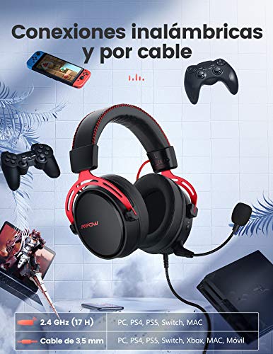 Mpow Air 2.4G Auriculares Gaming para PS4, PC, Xbox One, Estéreo Cascos Inalámbricos para Juegos , Micrófono con Cancelación de Ruido,Transmisor USB Incluido - Rojo