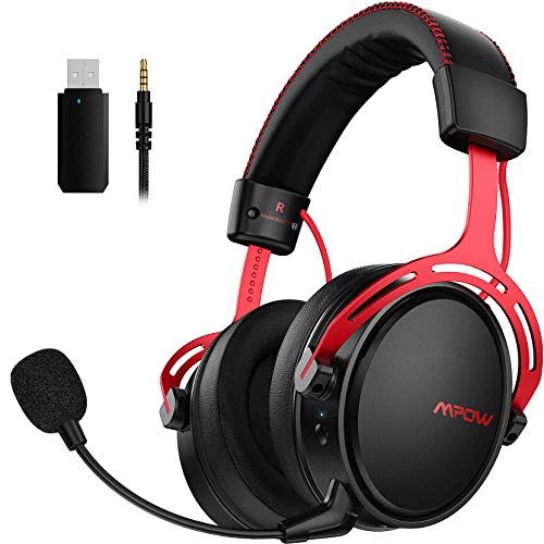 Mpow Air 2.4G Auriculares Gaming para PS4, PC, Xbox One, Estéreo Cascos Inalámbricos para Juegos , Micrófono con Cancelación de Ruido,Transmisor USB Incluido - Rojo