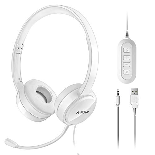 Mpow Auriculares con Micrófono y Cable de 2,4 Metros, Auriculares USB de Reducción de Ruido, Compatible con XBOX, VoIP, Skype, Moviles Iphone Android Ipad y Ordenador, Blanco