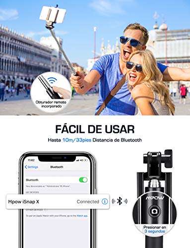 Mpow Palo Selfie Movil, Selfie Stick Bluetooth Diseño ligero, inalámbrico palo selfie con Bluetooth Remoto Compatible iPhone 11/11 Pro Max/XS Max /XR/X/8/7/ 6, Galaxy S10/S9/S8, Huawei Xiaomi etc