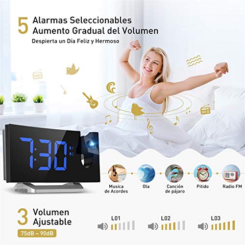 Mpow Reloj Despertador Digital, Radio Despertador Proyector con Puerto USB, Alarma Dual con 5 Sonidos e 3 Volúmenes, 0-100% Regulable Dimmer, 4 Brillo de Proyección, 30 Radio FM(Incluido el Adaptador) Mpow Reloj Despertador Digital, Radio Despertador Proyector con Puerto USB, Alarma Dual con 5 Sonidos e 3 Volúmenes, 0-100% Regulable Dimmer, 4 Brillo de Proyección, 30 Radio FM(Incluido el Adaptador)