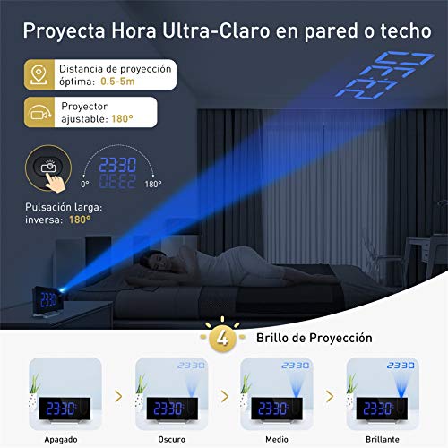 Mpow Reloj Despertador Digital, Radio Despertador Proyector con Puerto USB, Alarma Dual con 5 Sonidos e 3 Volúmenes, 0-100% Regulable Dimmer, 4 Brillo de Proyección, 30 Radio FM(Incluido el Adaptador) Mpow Reloj Despertador Digital, Radio Despertador Proyector con Puerto USB, Alarma Dual con 5 Sonidos e 3 Volúmenes, 0-100% Regulable Dimmer, 4 Brillo de Proyección, 30 Radio FM(Incluido el Adaptador)