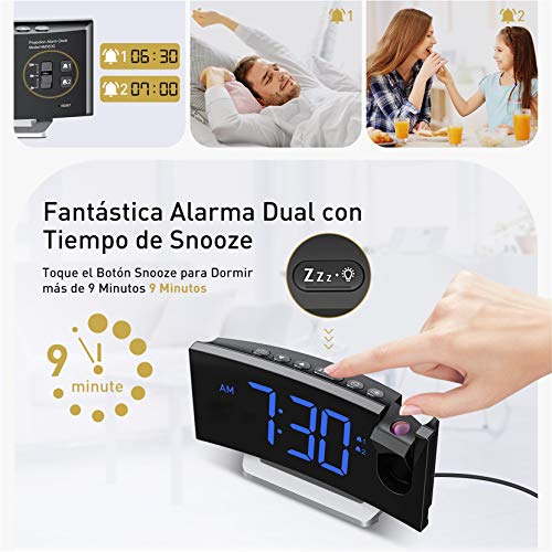 Mpow Reloj Despertador Digital, Radio Despertador Proyector con Puerto USB, Alarma Dual con 5 Sonidos e 3 Volúmenes, 0-100% Regulable Dimmer, 4 Brillo de Proyección, 30 Radio FM(Incluido el Adaptador)