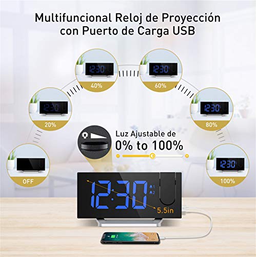 Mpow Reloj Despertador Digital, Radio Despertador Proyector con Puerto USB, Alarma Dual con 5 Sonidos e 3 Volúmenes, 0-100% Regulable Dimmer, 4 Brillo de Proyección, 30 Radio FM(Incluido el Adaptador) Mpow Reloj Despertador Digital, Radio Despertador Proyector con Puerto USB, Alarma Dual con 5 Sonidos e 3 Volúmenes, 0-100% Regulable Dimmer, 4 Brillo de Proyección, 30 Radio FM(Incluido el Adaptador)