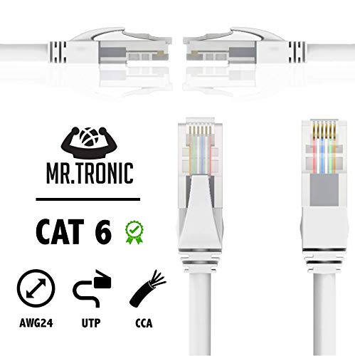 Mr. Tronic 50m Cable de Red Ethernet Latiguillo | CAT6, AWG24, CCA, UTP, RJ45 (50 Metros, Blanco)