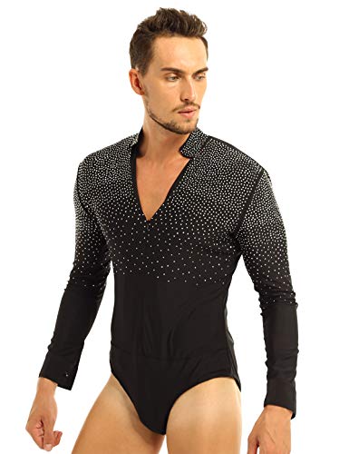 MSemis Maillot Baile Latino para Hombres Body Patinaje Gimansia Maillot Danza Lírica Camisa Danza Latina Manga Larga Tango Leotardo Ropa Actuación Competición Negro Large