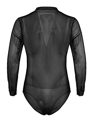 MSemis Maillot Baile Latino para Hombres Chicos Body Camiseta Elástica Mangas Transparentes Cuello V Danza Salón Empalme de Malla Ropa Competitiva Rendimiento Negro Medium