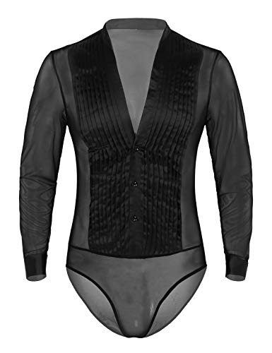 MSemis Maillot Baile Latino para Hombres Chicos Body Camiseta Elástica Mangas Transparentes Cuello V Danza Salón Empalme de Malla Ropa Competitiva Rendimiento Negro Medium