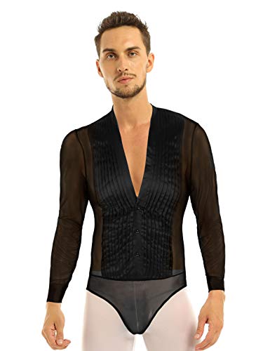 MSemis Maillot Baile Latino para Hombres Chicos Body Camiseta Elástica Mangas Transparentes Cuello V Danza Salón Empalme de Malla Ropa Competitiva Rendimiento Negro Medium