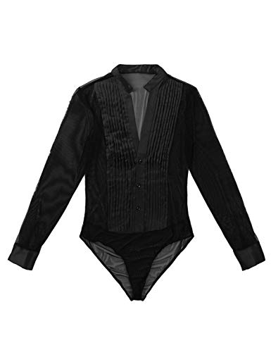 MSemis Maillot Baile Latino para Hombres Chicos Body Camiseta Elástica Mangas Transparentes Cuello V Danza Salón Empalme de Malla Ropa Competitiva Rendimiento Negro X-Large