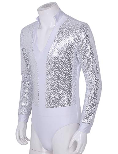 MSemis Maillot Baile Latino para Hombres Chicos Maillot Danza Manga Larga Camisas Cuello V Body Patinaje Baile Salón Camiseta Brillante Ropa Bailarín Actuación Blanco M