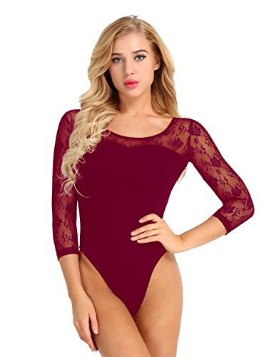 MSemis Maillot Ballet para Mujer Body Patinaje Artístico Manga Larga de Encaje Leotardo Gimnasia Mono Danza Ropa Bailrina Práctica Adulto Rojo X-Small