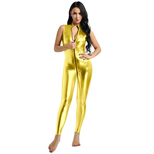 MSemis Maillot Brillante Completo Gimnasia para Mujer Mono Danza Body Entero de Cuero Maillot Catsuit Sexy Disfraz Dance Carnaval Despedida Traje Pole Dorado A X-Large