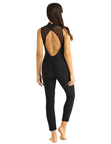 MSemis Maillot Entero Gimnasia para Mujer Mono Completo Danza Empalme Body Patinaje sin Espalda con Lentejuelas Jumpsuit Ropa Bailarina Rendimiento Competición Negro Small