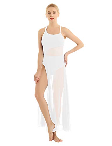 MSemis Maillot Largo Danza Ballet para Mujer Chica Vestido Flamenco Baile de Salón Maillot con Falda Tul Elegante Body Leotardo Ropa Bailarina Rendimiento Blanco X-Small