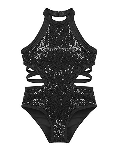 MSemis Maillot Lentejuelas Gimnasia Rítmica para Niñas Leotardo de Patinaje Artístico Maillot de Danza Ballet Body Deportivo para Competicion Actuación Disfraz Bailarina Negro A 11-12 años