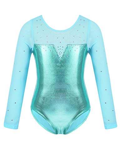 MSemis Maillot Patinaje Artístico Competición para Niñas Maillot Manga Larga Body Gimnasia Rítmica Leotardo Danza Ballet Clásica Ropa Brillante Disfraz Bailarina Rendimiento Celeste A 3-4 años